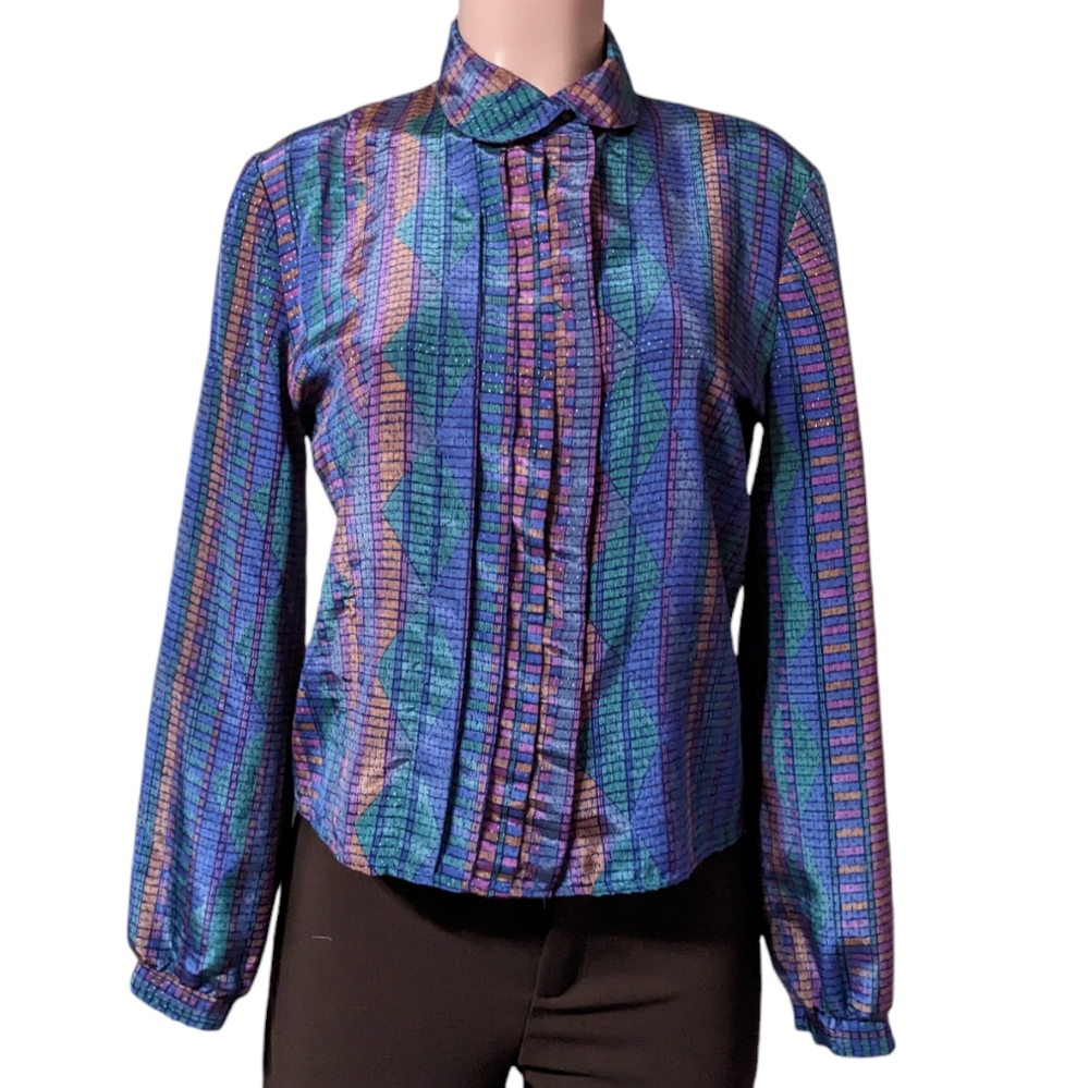 80s 90s VINTAGE Silky Blue ButtonUp Collared Blouse Top Colorful